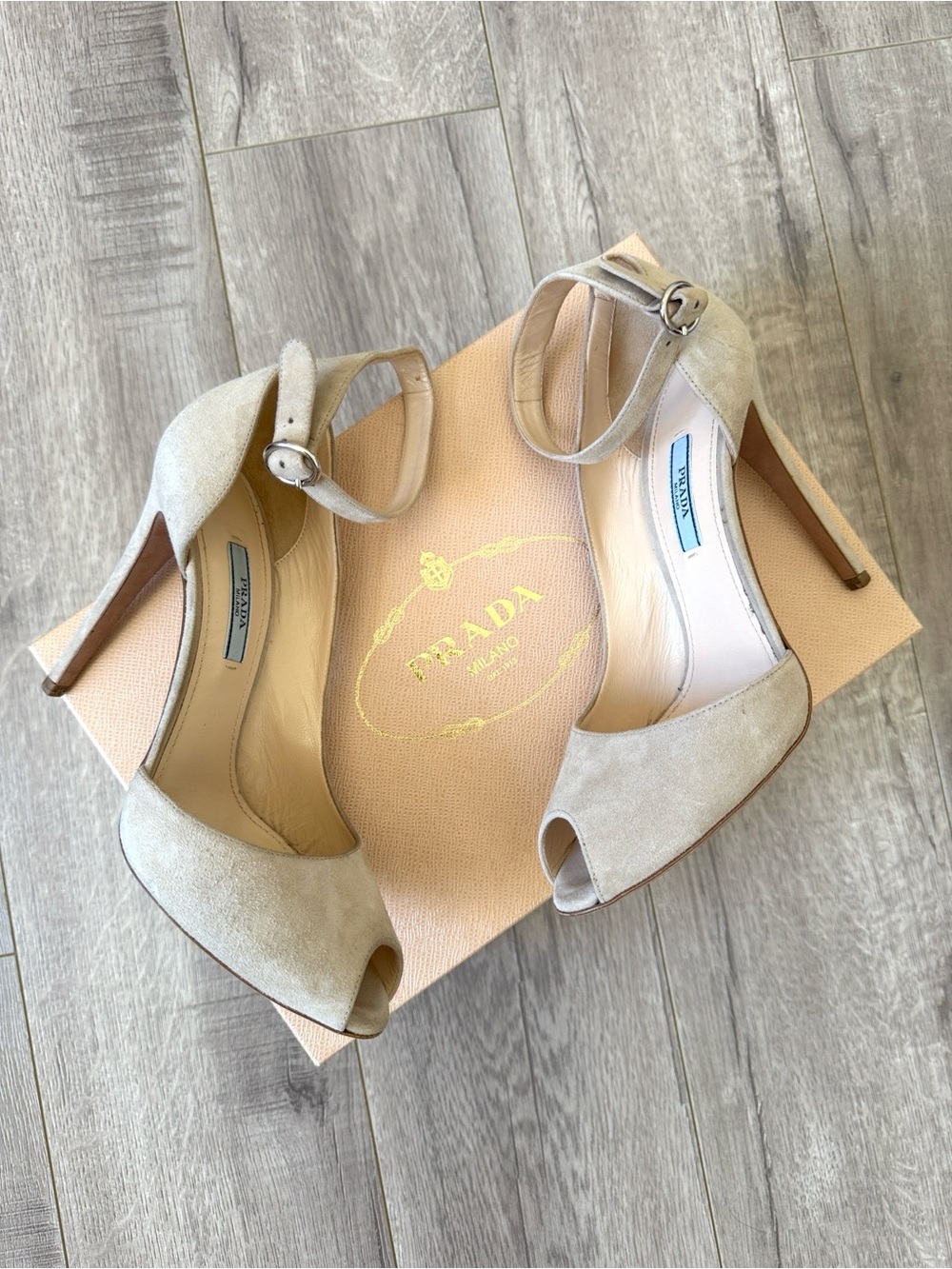 Prada Y2K Cream Suede Peep Toe Ankle Strap Stiletto Heels Size 38 Coquette